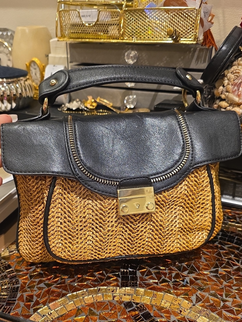 Olivia + Joy Black and Tan Woven Top-Handle Satchel